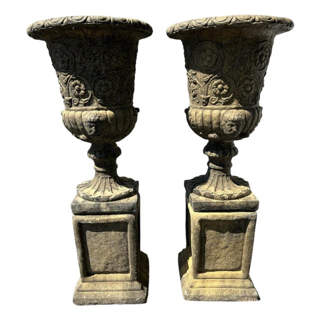 Italian Renaissance Stone Campana Garden Urns, Set of 2 For Sale