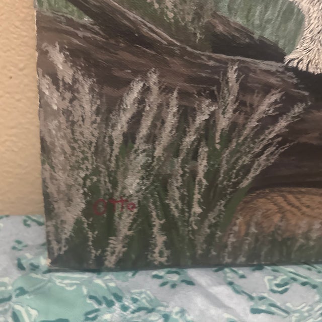 Textile Mid-Century Modern Folk Art Style Snowy Owl Oil Painting – Original Woodland Biophilic Canvas For Sale - Image 7 of 12