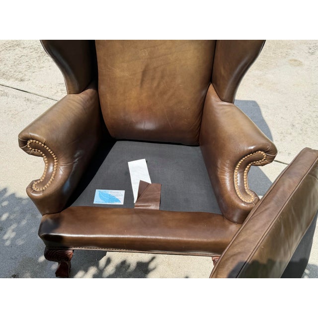 Late 20th Century Vintage Ethan Allen Leather Wingback Armchair With Carved Claw Feet For Sale - Image 5 of 12