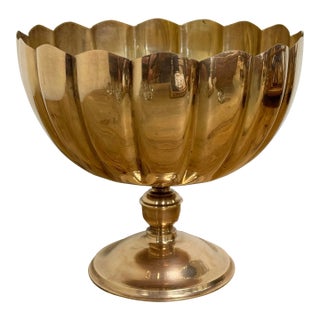 Vintage Oversized Scalloped Brass Pedestal Bowls For Sale