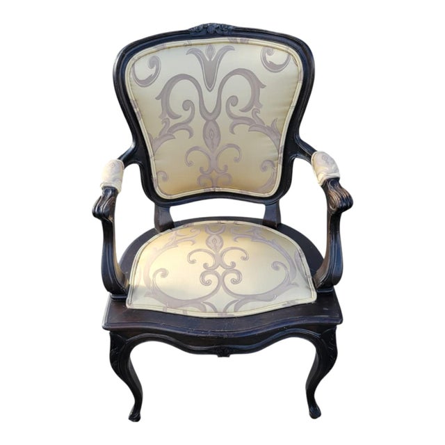 Pair 1940s French Provincial Maple Louis XV Ebony Armchairs – Newly Upholstered For Sale - Image 12 of 16