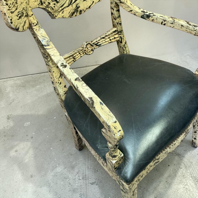 Taupe 1970s Regency Style Faux Marbleized Painted Arm Desk Chair W/ Black Leather For Sale - Image 8 of 9