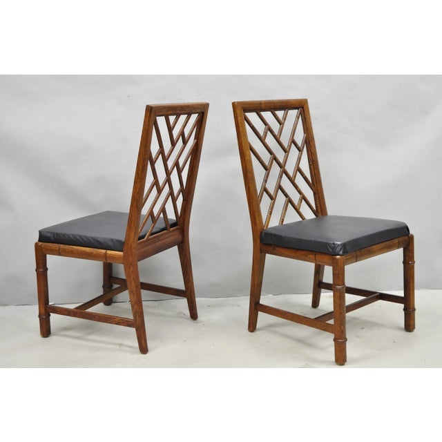 Vintage Hollywood Regency Chinese Chippendale Faux Bamboo Lattice Design Wooden Dining Side Chairs by Century - Set of 4....