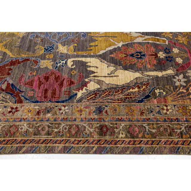 Modern Bidjar Style Hand-Knotted Wool Area Rug Floral Design in Earthy Charcoal For Sale - Image 9 of 11