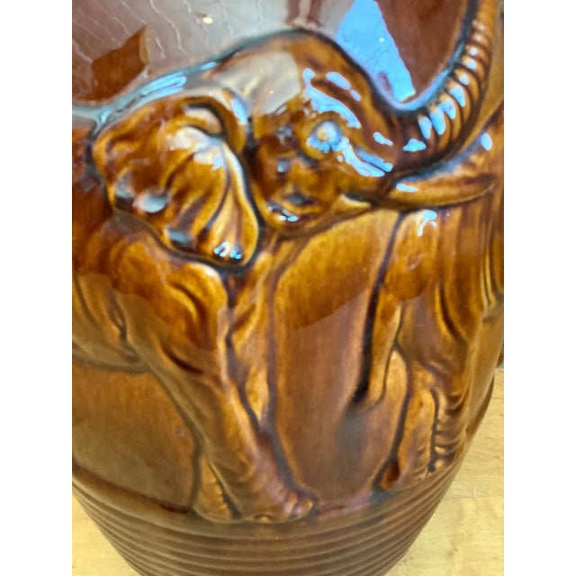 Metal Vintage Brown Glazed Ceramic Elephant Lamp For Sale - Image 7 of 12