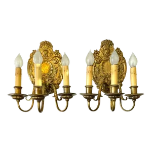 1910s French Baroque Style Gilt Bronze 3-Light Wall Sconces - A Pair