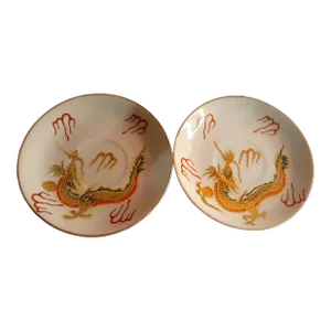 1960s Japanese Dragonware Moriage Saucers- Set of 2