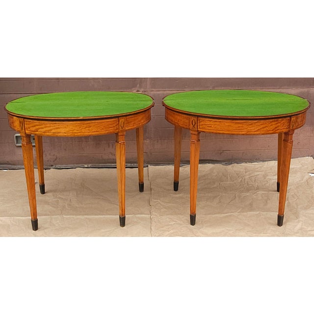 Late 18th Century Pair of George III Floral Wreath Painted Crossbanded Satinwood Demilune Card Tables For Sale - Image 4 of 18