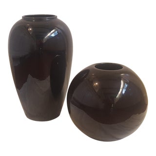 1980s Haeger Modernist Black Ceramic Sphere and Tall Vase - a Pair For Sale