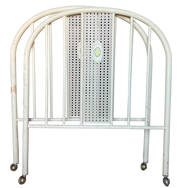 Victorian Pair of Antique White Twin Bed Headboards With Hand-Painted Floral Medallions For Sale - Image 3 of 12