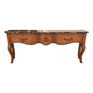 1970s Monumental Mastercraft Burl Wood & Black Marble Console Table, 80” For Sale