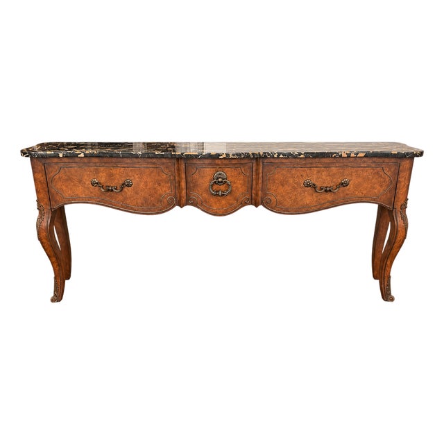 1970s Monumental Mastercraft Burl Wood & Black Marble Console Table, 80” For Sale