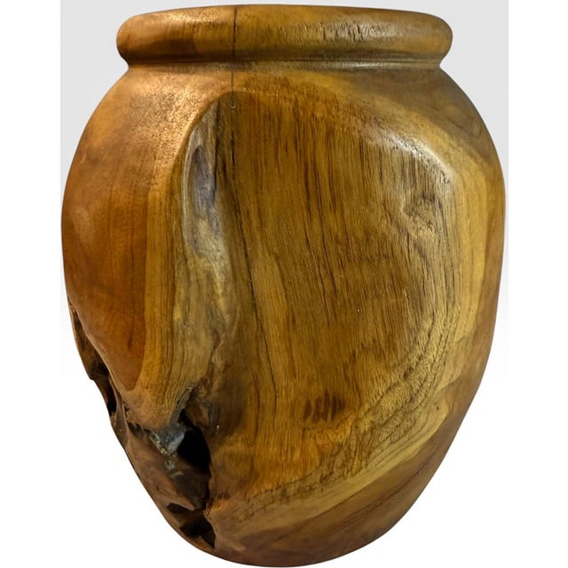 Brown Handcrafted Wabi Sabi Turned Teak Root Wood Urn Vessel With Organic Natural Knots and Voids For Sale - Image 8 of 14