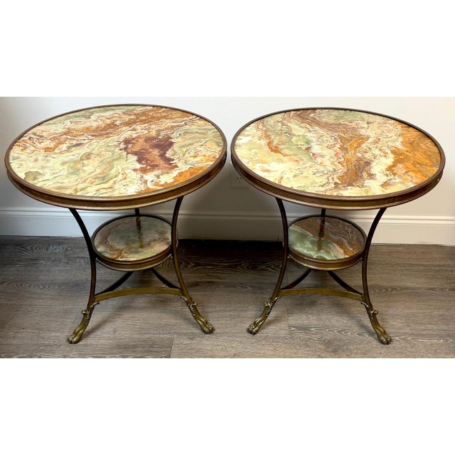 Pair French Neoclassical Bronze & Book-Matched Onyx Gueridons Pair of French Neoclassical Bronze Gueridons with Polished...