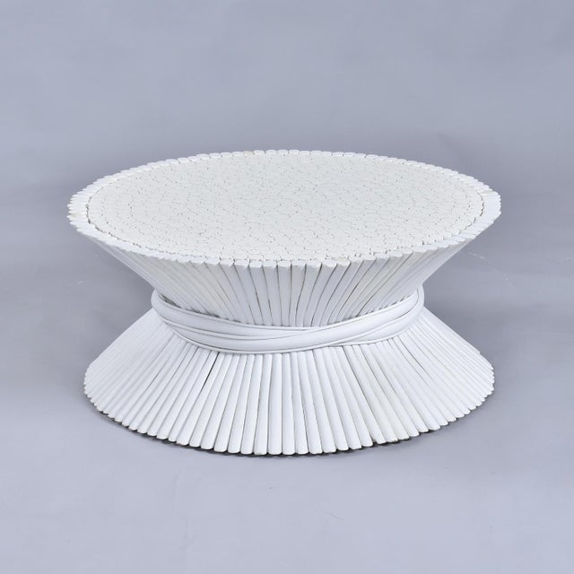 White McGuire Coastal White Rattan Wheat Sheaf Coffee Table With Round Glass For Sale - Image 8 of 12