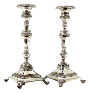 Silver Candlesticks with Turned and Engraved Stems and Claw-Shaped Feet, Set of 2