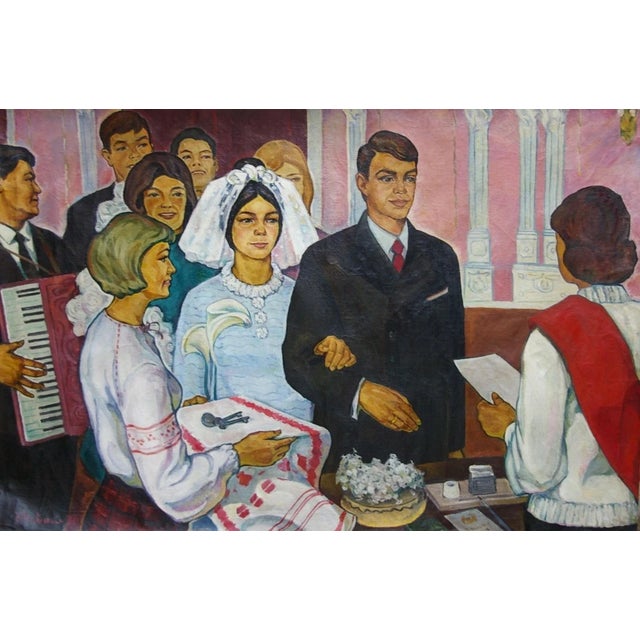 Weddingbirth Antique Oil Painting Original Socialist Realism Soviet Art Ukrainian Artist Novak 117-179 1970 For Sale