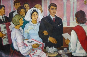 Weddingbirth Antique Oil Painting Original Socialist Realism Soviet Art Ukrainian Artist Novak 117-179 1970