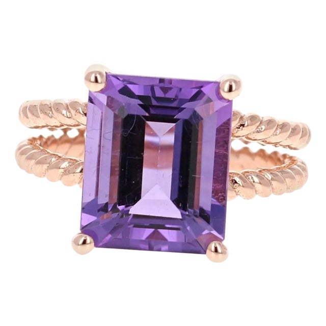 5.51 Carat Emerald Cut Amethyst Rose Gold Solitaire Ring, Size 7 For Sale