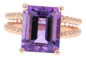 5.51 Carat Emerald Cut Amethyst Rose Gold Solitaire Ring, Size 7