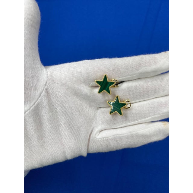 Metal Green Malachite Star Galaxy Celestial Constellation Zodiac Yellow Gold Earrings, A Pair For Sale - Image 7 of 11
