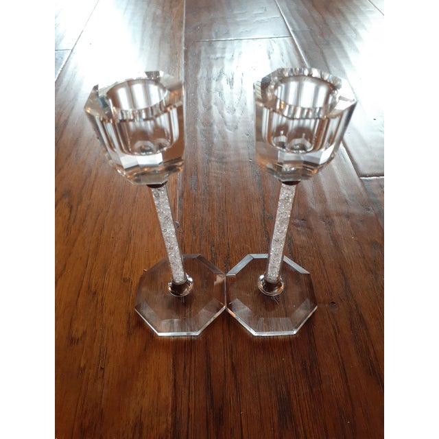 1980s 1980s Signed Oleg Cassini Sweden Pair of Crystal Pedestal Candle Holders - a Pair For Sale - Image 5 of 7