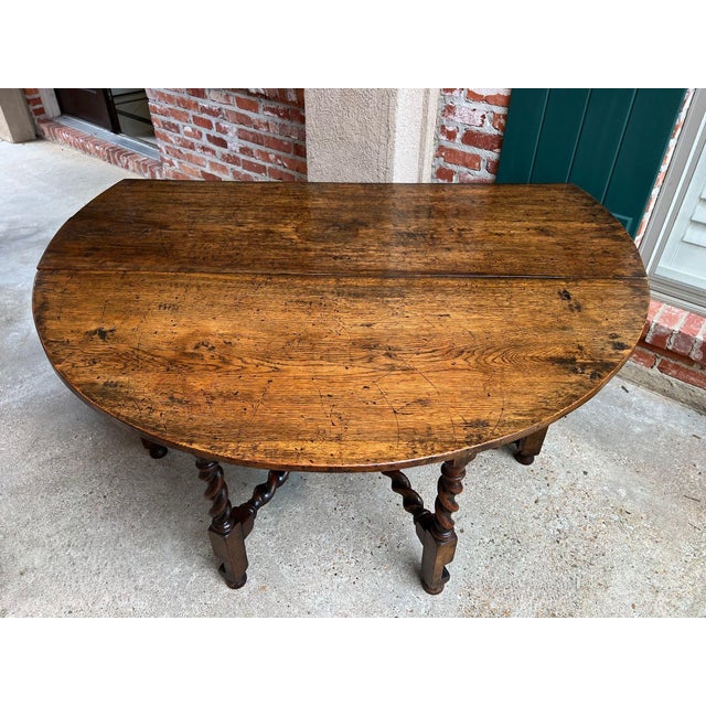 Antique English Wake Dining Table Drop Leaf Barley Twist Jacobean Oak Console For Sale - Image 15 of 18