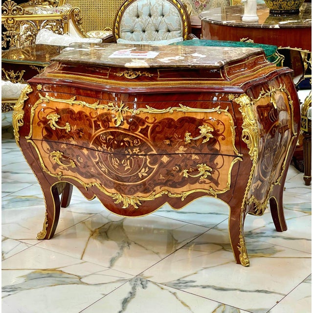 Rococo French Rococo Marble Top Dresser With Hand-Carved Wood Frame, Two Spacious Drawers & Hand-Gilded Gold Leaf Details For Sale - Image 3 of 5