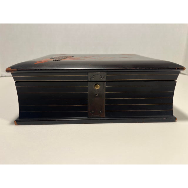 Antique Meiji Period Japanese Handmade Wood With Metal Inlay Lacquer Box For Sale - Image 4 of 10