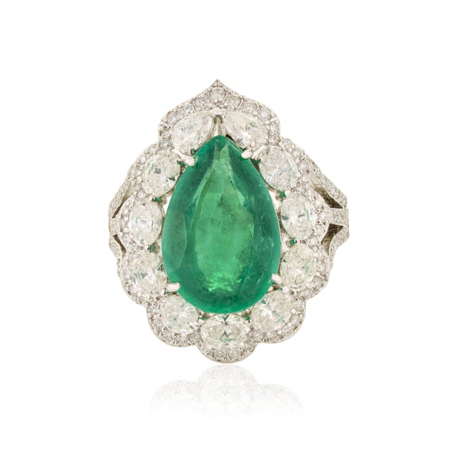 Not Yet Made - Made To Order Chic 5.03ct Emerald and 1.99ct Diamond Pear Cocktail Ring in 18k White Gold Size 9 For Sale - Image 5 of 18