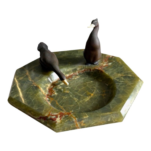 Art Deco Style Green Onyx & Bronze Duck Vide-Poche, Mid-Century European Catchall For Sale