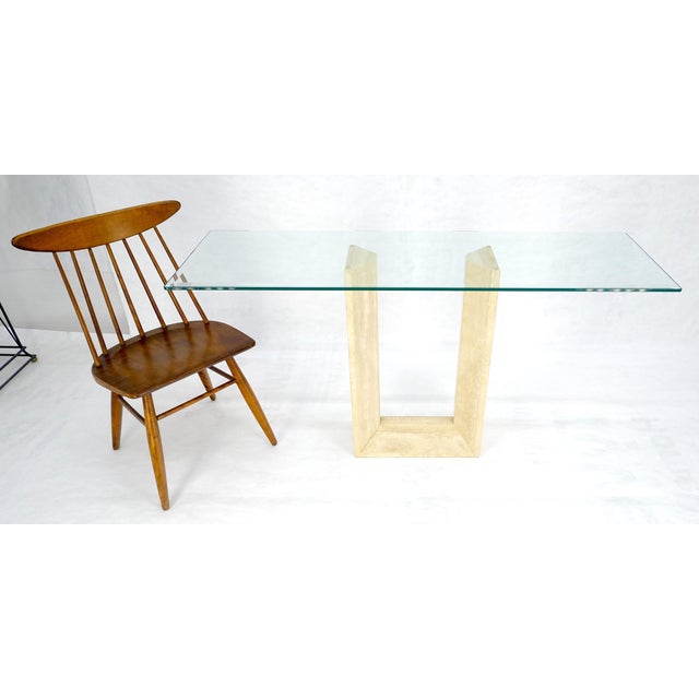 Glass Travertine Sculptural Low Profile U Shape Base Glass Top Console Table MINT For Sale - Image 7 of 14