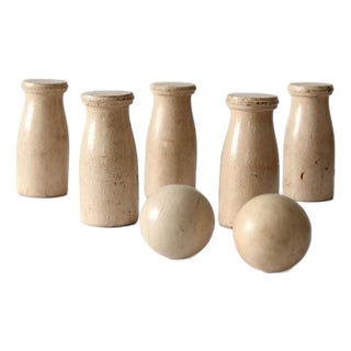 Vintage Wooden Milk Bottle Bowling Game Set For Sale