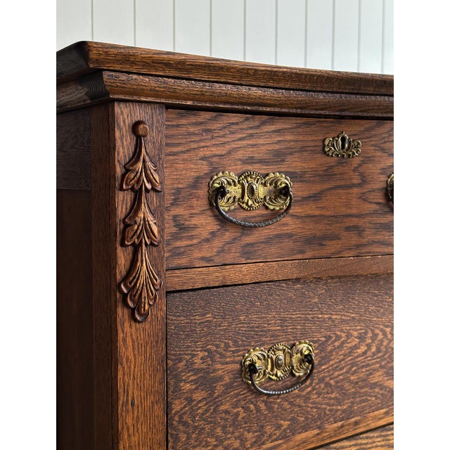 Antique Quarter-Sawn Oak Chest of Drawers With Serpentine Front For Sale - Image 13 of 18