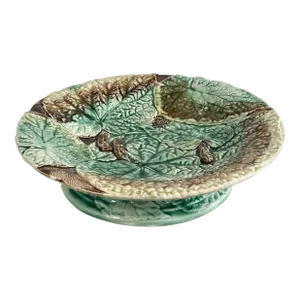 Antique 19th C Majolica Begonia Leaves Compote C1880s Kelly Green and Chestnut Brown.