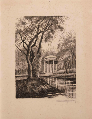Chris Holmer, Temple in a Woodland Park, Etching, 20th Century