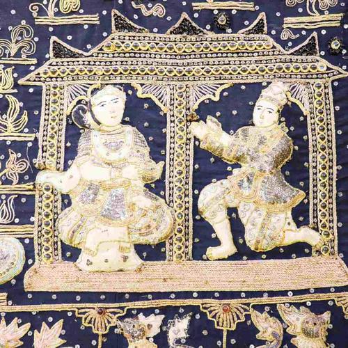 Embroidered Burmese Kalaga Tapestry with Sequins in Golden Frame