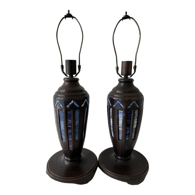 Late 20th Century Art Nouveau Tiffany Style Stained Glass Heavy Bronze Lamps- a Pair For Sale