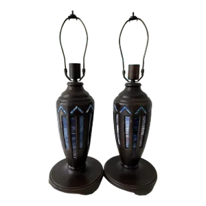 Late 20th Century Art Nouveau Tiffany Style Stained Glass Heavy Bronze Lamps- a Pair