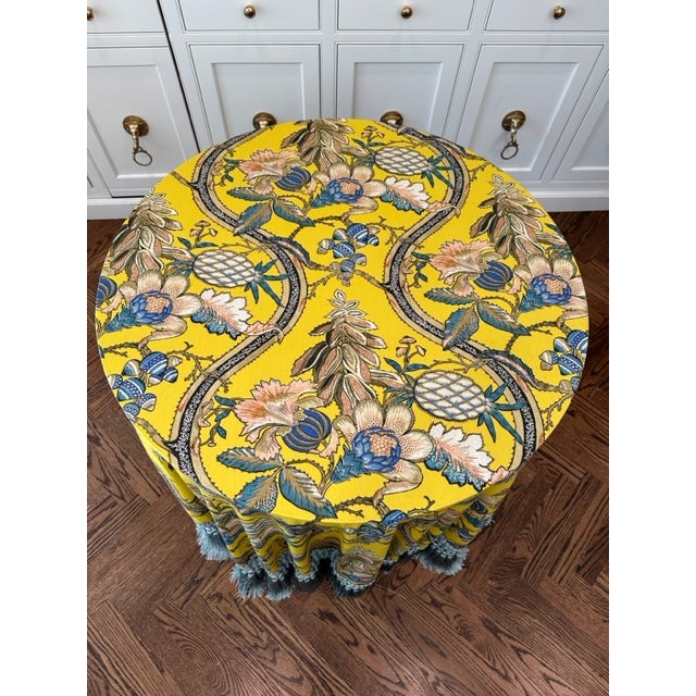 Contemporary Custom Table in Pierre Frey Du Roi and Samuel & Sons Tassel Fringe For Sale - Image 3 of 9