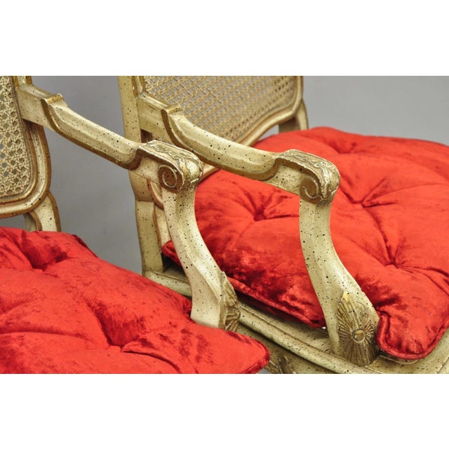 Vintage French Louis XV Style Cream Painted Carved Wood Cane Arm Chairs - A Pair For Sale - Image 12 of 18