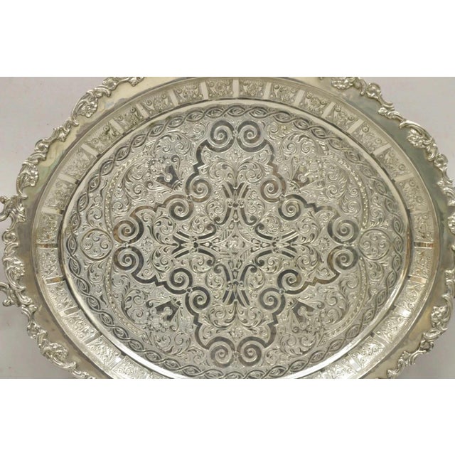 Mid 20th Century Large Victorian Style Oval Silver Plated Serving Platter Tray Raised on Feet For Sale - Image 4 of 12