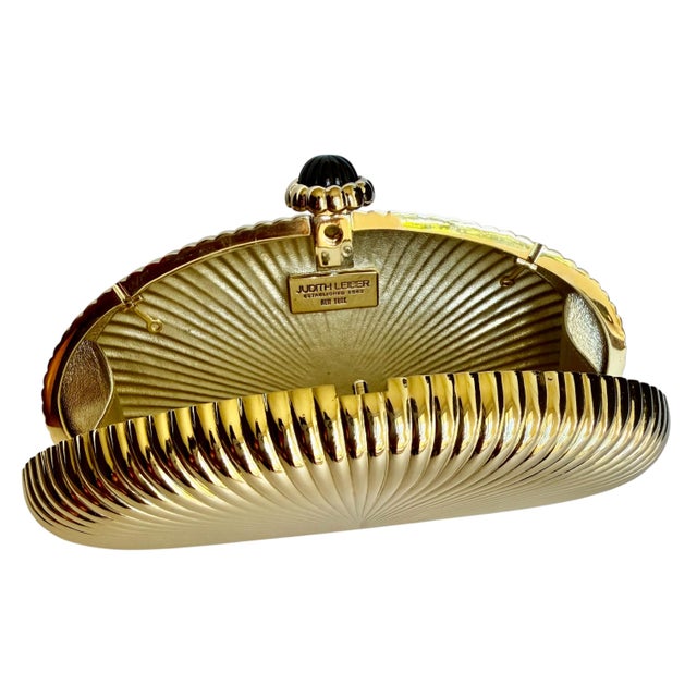 Judith Leiber Gold Ribbed Half Oval Onyx Gem Crystal Minaudiere Evening Bag For Sale In Los Angeles - Image 6 of 15