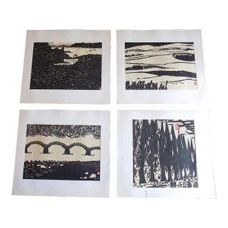 Vintage Signed Folio Size Mid 20th C. Japanese Landscape Lithographs - Set of 4 For Sale