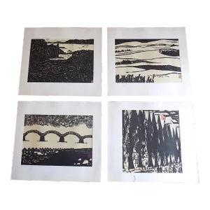 Vintage Signed Folio Size Mid 20th C. Japanese Landscape Lithographs - Set of 4