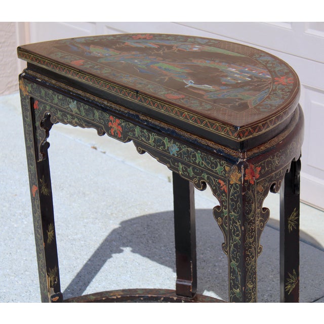 Antique 19th Century Chinese Brown Lacquer Demi-Lune Console Table | Hand-Painted Gilt Decor For Sale - Image 10 of 17
