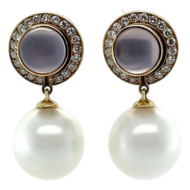 Paspaley 18ct Yellow Gold Muse Pearl, Rose Quartz & Diamond Earrings 0.64ct 15.27g, A Pair For Sale