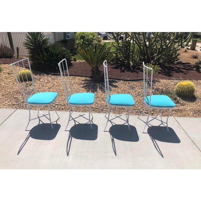 Vintage MidCentury Modern Wrought Iron Blue & White Patio Table & 4