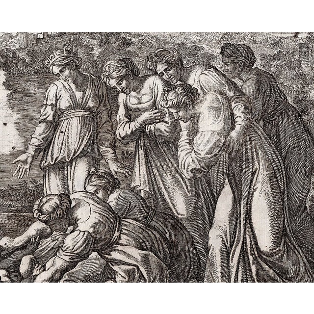 An exceptional 17th-century engraving dating to 1649, depicting the biblical scene of Baby Moses Placed in the Nile in a...