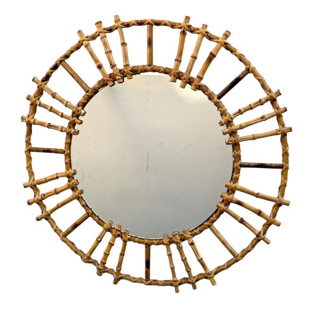 Magnificent round rattan mirror from the 1950s, handcrafted in the south of France
